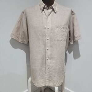 IZOD Men's Island Linen Blend Short Sleeve Casual Button Down Shirt Medium Cream